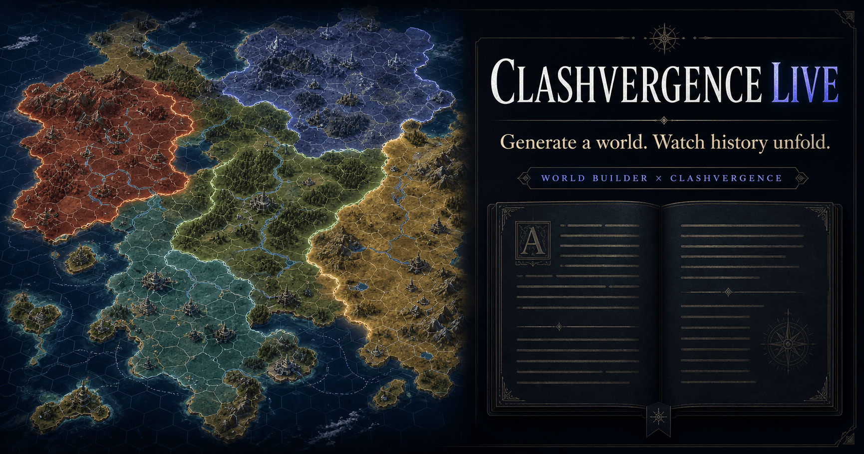 A generated hex world divided among several colorful civilizations