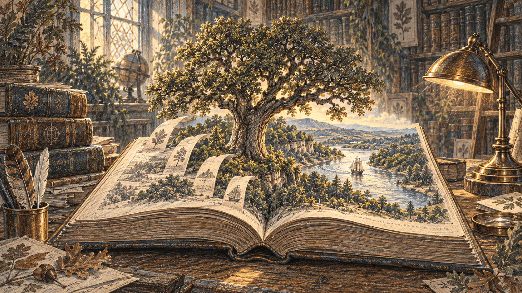 Pencil illustration of an open history book becoming a wooded river valley, with a spreading oak, sailing vessel, and paper citation tabs in a lamplit archive.