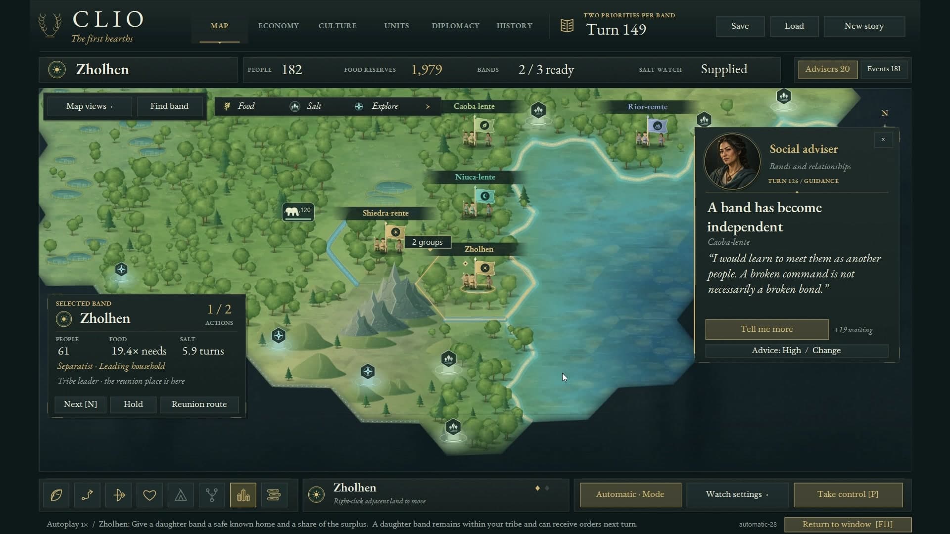 Clio's hex map, with bands and neighboring peoples exploring a wooded landscape